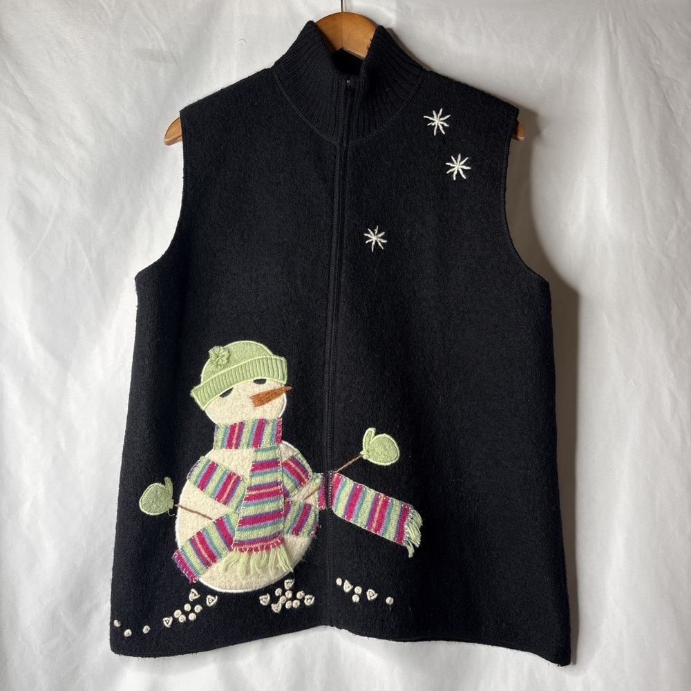 COLDWATER CREEK Snowman Motif Wool Vest‎ Black Size L Holiday Full Zip